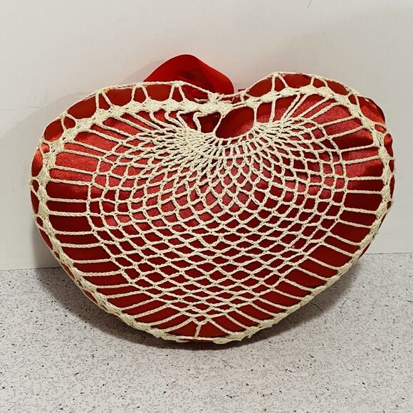 Vintage Heart Shaped Toss Pillow Red Satin Ribbons & White Crochet Caged Romance - Picture 4 of 8